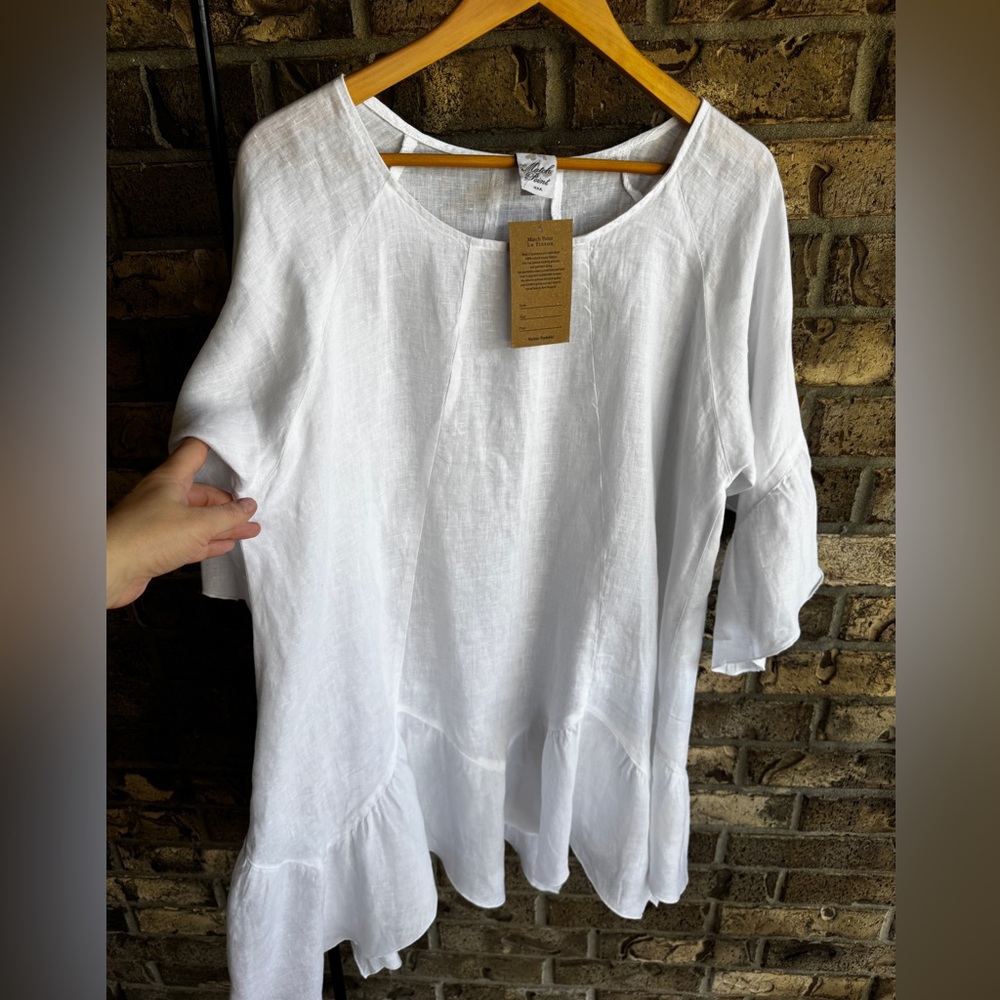Match Point La Fixsun 100% Linen White Ruffle Hem Tunic Top L Lagenlook Made USA - Picture 8 of 11